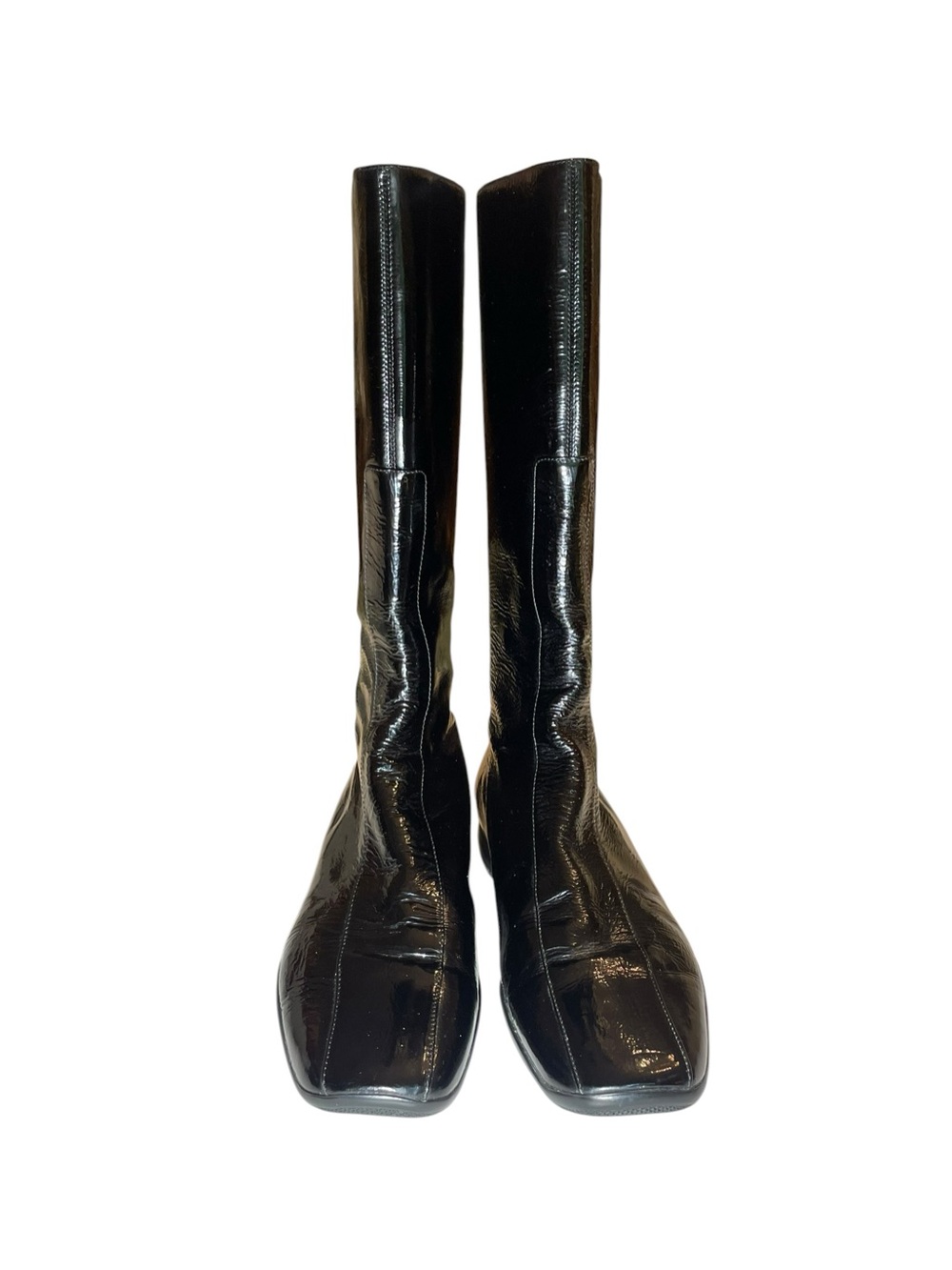 Prada Black Patent Tall Full Back Zip Low Heel Boots Womens Size 39 EU - Picture 3 of 16